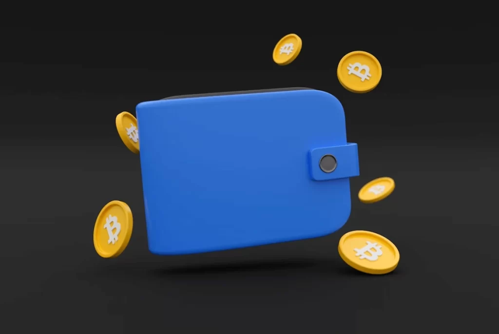 Blue digital wallet surrounded by floating cryptocurrency coins